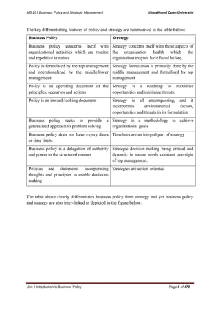 MS 201 Business Policy and Strategic Management Uttarakhand Open University
Unit 1 Introduction to Business Policy Page 5 of 479
The key differentiating features of policy and strategy are summarised in the table below:
Business Policy Strategy
Business policy concerns itself with
organizational activities which are routine
and repetitive in nature
Strategy concerns itself with those aspects of
the organization health which the
organisation maynot have faced before.
Policy is formulated by the top management
and operationalized by the middle/lower
management
Strategy formulation is primarily done by the
middle management and formalised by top
management
Policy is an operating document of the
principles, scenarios and actions
Strategy is a roadmap to maximise
opportunities and minimize threats.
Policy is an inward-looking document Strategy is all encompassing, and it
incorporates environmental factors,
opportunities and threats in its formulation
Business policy seeks to provide a
generalized approach to problem solving
Strategy is a methodology to achieve
organizational goals
Business policy does not have expiry dates
or time limits
Timelines are an integral part of strategy
Business policy is a delegation of authority
and power in the structured manner
Strategic decision-making being critical and
dynamic in nature needs constant oversight
of top management.
Policies are statements incorporating
thoughts and principles to enable decision-
making
Strategies are action-oriented
The table above clearly differentiates business policy from strategy and yet business policy
and strategy are also inter-linked as depicted in the figure below:
 