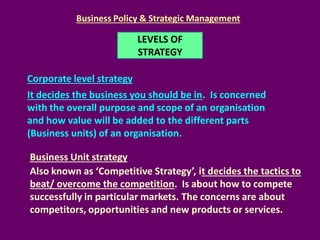 Business Policy & Strategic Management

LEVELS OF
STRATEGY
Corporate level strategy
It decides the business you should be ...