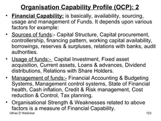 Organisation Capability Profile (OCP): 2 Financial Capability:   is basically, availability, sourcing, usage and management of Funds. It depends upon various factors for example: Sources of funds :- Capital Structure, Capital procurement, controllership, financing pattern, working capital availability, borrowings, reserves & surpluses, relations with banks, audit authorities. Usage of funds:-  Capital Investment, Fixed asset acquisition, Current assets, Loans & advances, Dividend distributions, Relations with Share Holders. Management of funds:-  Financial Accounting & Budgeting Systems, Management control systems, State of Financial health, Cash inflation, Credit & Risk management, Cost reduction & Control, Tax planning. Organisational Strength & Weaknesses related to above factors is a measure of Financial Capability. 