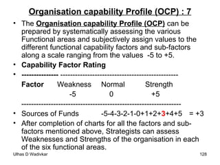 Organisation capability Profile (OCP) : 7 The  Organisation capability Profile (OCP)  can be prepared by systematically assessing the various Functional areas and subjectively assign values to the different functional capability factors and sub-factors along a scale ranging from the values  -5 to +5. Capability Factor Rating ---------------  ------------------------------------------------ Factor Weakness Normal Strength   -5   0   +5 ----------------------------------------------------------------- Sources of Funds -5-4-3-2-1-0+1+2+ 3 +4+5 = +3  After completion of charts for all the factors and sub-factors mentioned above, Strategists can assess Weaknesses and Strengths of the organisation in each of the six functional areas. 