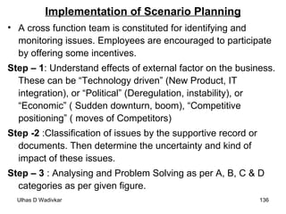 Implementation of Scenario Planning A cross function team is constituted for identifying and monitoring issues. Employees are encouraged to participate by offering some incentives. Step – 1 : Understand effects of external factor on the business. These can be “Technology driven” (New Product, IT integration), or “Political” (Deregulation, instability), or “Economic” ( Sudden downturn, boom), “Competitive positioning” ( moves of Competitors)  Step -2  :Classification of issues by the supportive record or documents. Then determine the uncertainty and kind of impact of these issues. Step – 3  : Analysing and Problem Solving as per A, B, C & D categories as per given figure. 