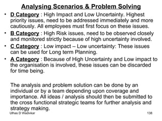 Analysing Scenarios & Problem Solving D Category  : High Impact and Low Uncertainty. Highest priority issues, need to be addressed immediately and more cautiously. All employees must first focus on these issues. B Category  : High Risk issues, need to be observed closely and monitored strictly because of high uncertainty involved. C Category  : Low impact – Low uncertainty: These issues can be used for Long term Planning.  A Category  : Because of High Uncertainty and Low impact to the organisation is involved, these issues can be discarded for time being. The analysis and problem solution can be done by an individual or by a team depending upon coverage and importance. All ideas / analysis should then be submitted to the cross functional strategic teams for further analysis and strategy making. 