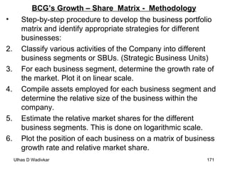 BCG’s Growth – Share  Matrix -  Methodology Step-by-step procedure to develop the business portfolio matrix and identify appropriate strategies for different businesses: Classify various activities of the Company into different business segments or SBUs. (Strategic Business Units) For each business segment, determine the growth rate of the market. Plot it on linear scale. Compile assets employed for each business segment and determine the relative size of the business within the company. Estimate the relative market shares for the different business segments. This is done on logarithmic scale. Plot the position of each business on a matrix of business growth rate and relative market share. 