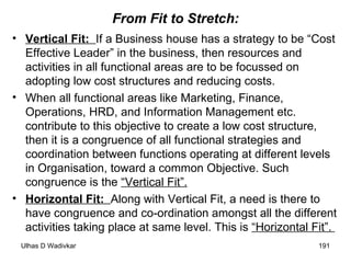 From Fit to Stretch: Vertical Fit:  If a Business house has a strategy to be “Cost Effective Leader” in the business, then resources and activities in all functional areas are to be focussed on adopting low cost structures and reducing costs.  When all functional areas like Marketing, Finance, Operations, HRD, and Information Management etc. contribute to this objective to create a low cost structure, then it is a congruence of all functional strategies and coordination between functions operating at different levels in Organisation, toward a common Objective. Such congruence is the  “Vertical Fit”.   Horizontal Fit:  Along with Vertical Fit, a need is there to have congruence and co-ordination amongst all the different activities taking place at same level. This is  “Horizontal Fit”.  