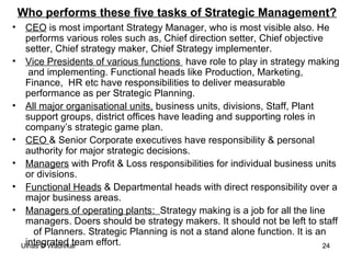 Who performs these five tasks of Strategic Management? CEO  is most important Strategy Manager, who is most visible also. He performs various roles such as, Chief direction setter, Chief objective setter, Chief strategy maker, Chief Strategy implementer. Vice Presidents of various functions  have role to play in strategy making  and implementing. Functional heads like Production, Marketing, Finance,  HR etc have responsibilities to deliver measurable performance as per Strategic Planning. All major organisational units,  business units, divisions, Staff, Plant support groups, district offices have leading and supporting roles in company’s strategic game plan. CEO  & Senior Corporate executives have responsibility & personal authority for major strategic decisions. Managers  with Profit & Loss responsibilities for individual business units or divisions. Functional Heads  & Departmental heads with direct responsibility over a major business areas. Managers of operating plants:  Strategy making is a job for all the line managers. Doers should be strategy makers. It should not be left to staff  of Planners. Strategic Planning is not a stand alone function. It is an integrated team effort. 