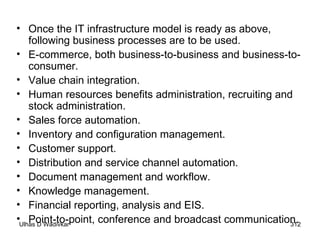 Once the IT infrastructure model is ready as above, following business processes are to be used. E-commerce, both business-to-business and business-to-consumer. Value chain integration. Human resources benefits administration, recruiting and stock administration. Sales force automation. Inventory and configuration management. Customer support. Distribution and service channel automation. Document management and workflow. Knowledge management. Financial reporting, analysis and EIS. Point-to-point, conference and broadcast communication. 