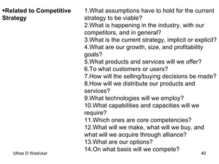 Related to Competitive Strategy  What assumptions have to hold for the current strategy to be viable?  What is happening in the industry, with our competitors, and in general?  What is the current strategy, implicit or explicit?  What are our growth, size, and profitability goals?  What products and services will we offer?  To what customers or users?  How will the selling/buying decisions be made?  How will we distribute our products and services?  What technologies will we employ?  What capabilities and capacities will we require?  Which ones are core competencies?  What will we make, what will we buy, and what will we acquire through alliance?  What are our options?  On what basis will we compete?  