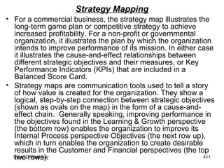 Strategy Mapping For a commercial business, the strategy map illustrates the long-term game plan or competitive strategy to achieve increased profitability. For a non-profit or governmental organization, it illustrates the plan by which the organization intends to improve performance of its mission. In either case it illustrates the cause-and-effect relationships between different strategic objectives and their measures, or Key Performance Indicators (KPIs) that are included in a Balanced Score Card. Strategy maps are communication tools used to tell a story of how value is created for the organization. They show a logical, step-by-step connection between strategic objectives (shown as ovals on the map) in the form of a cause-and-effect chain.  Generally speaking, improving performance in the objectives found in the Learning & Growth perspective (the bottom row) enables the organization to improve its Internal Process perspective Objectives (the next row up), which in turn enables the organization to create desirable results in the Customer and Financial perspectives (the top two rows). 