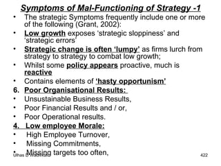 Symptoms of Mal-Functioning of Strategy -1 The strategic Symptoms frequently include one or more of the following (Grant, 2002): Low growth  exposes ‘strategic sloppiness’ and ‘strategic errors’ Strategic change is often ‘lumpy’  as firms lurch from strategy to strategy to combat low growth;  Whilst some  policy appears  proactive, much is  reactive   Contains elements of  ‘hasty opportunism’ Poor Organisational Results:  Unsustainable Business Results,  Poor Financial Results and / or,  Poor Operational results. 4.  Low employee Morale: High Employee Turnover,  Missing Commitments,  Missing targets too often, 
