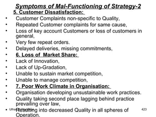 Symptoms of Mal-Functioning of Strategy-2 5. Customer Dissatisfaction:  Customer Complaints non-specific to Quality,  Repeated Customer complaints for same cause, Loss of key account Customers or loss of customers in general, Very few repeat orders. Delayed deliveries, missing commitments, 6. Loss of  Market Share:  Lack of Innovation,  Lack of Up-Gradation,  Unable to sustain market competition,  Unable to manage competition, 7. Poor Work Climate in Organisation:  Organisation developing unsustainable work practices.  Quality taking second place lagging behind practice prevailing over law, Resulting into decreased Quality in all spheres of Operation. 