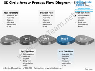 3D Circle Arrow Process Flow Diagram– 5 Stages

Your Text Here                           Put Text Here                    ...