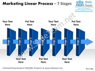Marketing Linear Process – 7 Stages



Your Text                 Put Text                Your Text               Put Text
  Here                     Here                     Here                   Here
    Stage 1



                Stage 2



                             Stage 3



                                        Stage 4



                                                     Stage 5



                                                                Stage 6



                                                                              Stage 7
              Your Text                Put Text                Your Text
                Here                    Here                     Here

                                                                                        Your Logo
 