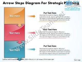 Arrow Steps Diagram For Strategic Planning

                           Put Text Here
                    Download this awesome diagram. Bring your
   Text Here        presentation to life. Capture your audience’s attention.
                    All images are 100% editable in powerpoint. Download
                    this awesome diagram. Bring your presentation to life.




                          Your Text Here
                    Download this awesome diagram. Bring your
   Text Here        presentation to life. Capture your audience’s attention.
                    All images are 100% editable in powerpoint. Download
                    this awesome diagram. Bring your presentation to life.




                           Put Text Here
                    Download this awesome diagram. Bring your
   Text Here        presentation to life. Capture your audience’s attention.
                    All images are 100% editable in powerpoint. Download
                    this awesome diagram. Bring your presentation to life.



                                                                               Your Logo
 