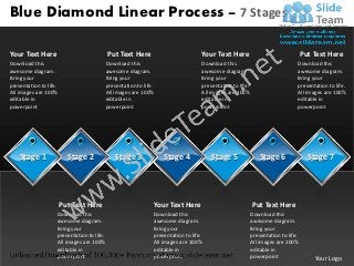 Blue Diamond Linear Process – 7 Stages

Your Text Here                              Put Text Here                           Your Text Here                                  Put Text Here
Download this                               Download this                           Download this                               Download this
awesome diagram.                            awesome diagram.                        awesome diagram.                            awesome diagram.
Bring your                                  Bring your                              Bring your                                  Bring your
presentation to life.                       presentation to life.                   presentation to life.                       presentation to life.
All images are 100%                         All images are 100%                     All images are 100%                         All images are 100%
editable in                                 editable in                             editable in                                 editable in
powerpoint                                  powerpoint                              powerpoint                                  powerpoint




    Stage 1               Stage 2               Stage 3             Stage 4             Stage 5                Stage 6                Stage 7




                        Put Text Here                           Your Text Here                              Put Text Here
                    Download this                               Download this                               Download this
                    awesome diagram.                            awesome diagram.                            awesome diagram.
                    Bring your                                  Bring your                                  Bring your
                    presentation to life.                       presentation to life.                       presentation to life.
                    All images are 100%                         All images are 100%                         All images are 100%
                    editable in                                 editable in                                 editable in
                    powerpoint                                  powerpoint                                  powerpoint                  Your Logo
 