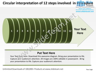 Circular interpretation of 12 steps involved in Procedure




                                                                            Your Text
     1     2    3      4     5    6      7     8     9    10 11 12
                                                                              Here




                                  Put Text Here
    Your Text Goes here. Download this awesome diagram. Bring your presentation to life.
    Capture your audience’s attention. All images are 100% editable in powerpoint . Bring
    your presentation to life. Capture your audience’s attention.


                                                                                            Your Logo
 