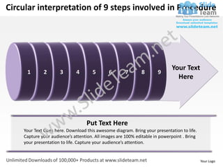 Circular interpretation of 9 steps involved in Procedure




                                                                            Your Text
     1       2       3       4       5       6       7       8       9
                                                                              Here




                                  Put Text Here
    Your Text Goes here. Download this awesome diagram. Bring your presentation to life.
    Capture your audience’s attention. All images are 100% editable in powerpoint . Bring
    your presentation to life. Capture your audience’s attention.


                                                                                            Your Logo
 