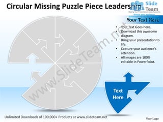Circular Missing Puzzle Piece Leadership
                                       Your Text Here
                                •   Your Text Goes here.
                                •   Download this awesome
                                    diagram.
                                •   Bring your presentation to
                                    life.
                                •   Capture your audience’s
                                    attention.
                                •   All images are 100%
                                    editable in PowerPoint.




                                                    Your Logo
 