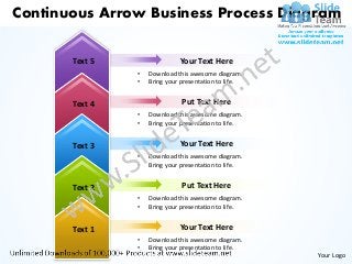 Continuous Arrow Business Process Diagram

       Text 5                 Your Text Here
                •   Download this awesome diagram.
                •   Bring your presentation to life.


       Text 4                  Put Text Here
                •   Download this awesome diagram.
                •   Bring your presentation to life.


       Text 3                 Your Text Here
                •   Download this awesome diagram.
                •   Bring your presentation to life.


       Text 2                  Put Text Here
                •   Download this awesome diagram.
                •   Bring your presentation to life.


       Text 1                 Your Text Here
                •   Download this awesome diagram.
                •   Bring your presentation to life.
                                                       Your Logo
 