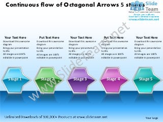 Continuous flow of Octagonal Arrows 5 stages




 Your Text Here            Put Text Here             Your Text Here            Put Text Here             Your Text Here
Download this awesome     Download this awesome     Download this awesome     Download this awesome     Download this awesome
diagram                   diagram                   diagram                   diagram                   diagram
Bring your presentation   Bring your presentation   Bring your presentation   Bring your presentation   Bring your presentation
to life.                  to life.                  to life.                  to life.                  to life.
All images are 100%       All images are 100%       All images are 100%       All images are 100%       All images are 100%
editable in powerpoint    editable in powerpoint    editable in powerpoint    editable in powerpoint    editable in powerpoint




    Stage 1                  Stage 2                   Stage 3                    Stage 4                  Stage 5




                                                                                                                 Your Logo
 