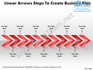Linear Arrows Steps To Create Business Plan




Put Text               Your Text                  Put Text                   Your Text                      Put Text                   Your Text
 Here                    Here                      Here                        Here                          Here                        Here




           1           2           3          4              5               6           7              8              9           10              11




           Your Text               Put Text                      Your Text                   Put Text                      Your Text
             Here                   Here                           Here                       Here                           Here




                                                                                                                                              Your Logo
 