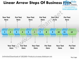 Linear Arrow Steps Of Business Plan


Your Text     Put Text       Your Text       Put Text       Your Text       Put Text
  Here         Here            Here           Here            Here           Here




  1     2         3      4       5     6         7    8         9    10     11         12




      Your Text       Put Text       Your Text       Put Text       Your Text     Put Text
        Here           Here            Here           Here            Here         Here



                                                                                       Your Logo
 