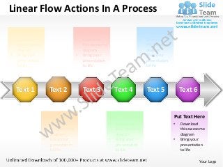 Linear Flow Actions In A Process
Your Text Here                        Put Text Here                     Your Text Here
•   Download                          •   Download                      •   Download
    this awesome                          this awesome                      this awesome
    diagram                               diagram                           diagram
•   Bring your                        •   Bring your                    •   Bring your
    presentation                          presentation                      presentation
    to life                               to life                           to life




    Text 1             Text 2             Text 3             Text 4         Text 5             Text 6


                   Put Text Here                         Your Text Here                    Put Text Here
                   •   Download                          •   Download                      •   Download
                       this awesome                          this awesome                      this awesome
                       diagram                               diagram                           diagram
                   •   Bring your                        •   Bring your                    •   Bring your
                       presentation                          presentation                      presentation
                       to life                               to life                           to life

                                                                                                        Your Logo
 
