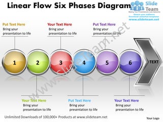 Linear Flow Six Phases Diagram

Put Text Here                  Your Text Here                 Put Text Here
Bring your                      Bring your                    Bring your
presentation to life            presentation to life          presentation to life




       1               2               3               4              5                6               TEXT




             Your Text Here                  Put Text Here                   Your Text Here
              Bring your                      Bring your                      Bring your
              presentation to life            presentation to life            presentation to life

                                                                                                     Your Logo
 