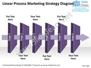 Linear Process Marketing Strategy Diagram


  Put Text               Your Text               Put Text
   Here                    Here                   Here




                                       Stage 4
   Stage 1



              Stage 2



                           Stage 3




                                                  Stage 5




                                                              Stage 6
             Your Text               Put Text               Your Text
               Here                   Here                    Here

                                                                        Your Logo
 