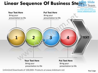 Linear Sequence Of Business Steps
 Your Text Here                            Put Text Here
 Bring your                                Bring your
 presentation to life                      presentation to life




        1                   2                    3                   4              TEXT




                   Your Text Here                            Put Text Here
                    Bring your                               Bring your
                    presentation to life                     presentation to life

                                                                                       Your Logo
 