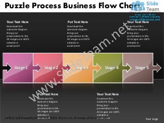 Puzzle Process Business Flow Chart
Your Text Here                                  Put Text Here                                   Your Text Here
Download this                                   Download this                                   Download this
awesome diagram.                                awesome diagram.                                awesome diagram.
Bring your                                      Bring your                                      Bring your
presentation to life.                           presentation to life.                           presentation to life.
All images are 100%                             All images are 100%                             All images are 100%
editable in                                     editable in                                     editable in
powerpoint                                      powerpoint                                      powerpoint




       Stage 1                Stage 2                  Stage 3                 Stage 4                 Stage 5




                        Put Text Here                                   Your Text Here
                        Download this                                   Download this
                        awesome diagram.                                awesome diagram.
                        Bring your                                      Bring your
                        presentation to life.                           presentation to life.
                        All images are 100%                             All images are 100%
                        editable in                                     editable in
                        powerpoint                                      powerpoint                               Your Logo
 