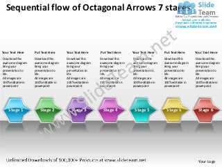 Sequential flow of Octagonal Arrows 7 stages



Your Text Here     Put Text Here      Your Text Here     Put Text Here      Your Text Here     Put Text Here      Your Text Here
Download this      Download this      Download this      Download this      Download this      Download this      Download this
awesome diagram    awesome diagram    awesome diagram    awesome diagram    awesome diagram    awesome diagram    awesome diagram
Bring your         Bring your         Bring your         Bring your         Bring your         Bring your         Bring your
presentation to    presentation to    presentation to    presentation to    presentation to    presentation to    presentation to
life.              life.              life.              life.              life.              life.              life.
All images are     All images are     All images are     All images are     All images are     All images are     All images are
100% editable in   100% editable in   100% editable in   100% editable in   100% editable in   100% editable in   100% editable in
powerpoint         powerpoint         powerpoint         powerpoint         powerpoint         powerpoint         powerpoint




    Stage 1           Stage 2            Stage 3          Stage 4            Stage 5            Stage 6             Stage 6




                                                                                                                    Your Logo
 