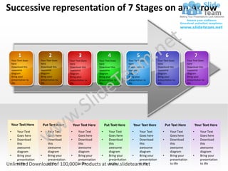 Successive representation of 7 Stages on an Arrow



          1                   2                     3                      4                     5                        6                        7
    Your Text Goes     Your Text Goes        Your Text Goes        Your Text Goes         Your Text Goes          Your Text Goes          Your Text Goes
    here               here                  here                  here                   here                    here                    here
    Download this      Download this         Download this         Download this          Download this           Download this           Download this
    awesome            awesome               awesome               awesome                awesome                 awesome                 awesome
    diagram            diagram               diagram               diagram                diagram                 diagram                 diagram
    Bring your         Bring your            Bring your            Bring your             Bring your              Bring your              Bring your
    presentation to    presentation to       presentation to       presentation to        presentation to         presentation to         presentation to
    life.              life.                 life.                 life.                  life.                   life.                   life.




 Your Text Here            Put Text Here         Your Text Here          Put Text Here        Your Text Here              Put Text Here            Your Text Here
•       Your Text      •      Your Text      •      Your Text        •     Your Text         •     Your Text          •       Your Text        •       Your Text
        Goes here             Goes here             Goes here              Goes here               Goes here                  Goes here                Goes here
•       Download       •      Download       •      Download         •     Download          •     Download           •       Download         •       Download
        this                  this                  this                   this                    this                       this                     this
        awesome               awesome               awesome                awesome                 awesome                    awesome                  awesome
        diagram               diagram               diagram                diagram                 diagram                    diagram                  diagram
•       Bring your     •      Bring your     •      Bring your       •     Bring your        •     Bring your         •       Bring your       •       Bring your
        presentation          presentation          presentation           presentation            presentation               presentation             presentation
        to life               to life               to life                to life                 to life                    to life                  to life
 