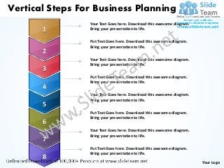 Vertical Steps For Business Planning
                 Your Text Goes here. Download this awesome diagram.
       1         Bring your presentation to life.

                 Put Text Goes here. Download this awesome diagram.
                 Bring your presentation to life.
       2
                 Your Text Goes here. Download this awesome diagram.
                 Bring your presentation to life.
       3
                 Put Text Goes here. Download this awesome diagram.
                 Bring your presentation to life.
       4
                 Your Text Goes here. Download this awesome diagram.
                 Bring your presentation to life.
       5
                 Put Text Goes here. Download this awesome diagram.
                 Bring your presentation to life.
       6
                 Your Text Goes here. Download this awesome diagram.
                 Bring your presentation to life.
       7
                 Put Text Goes here. Download this awesome diagram.
                 Bring your presentation to life.
       8
                                                                       Your Logo
 