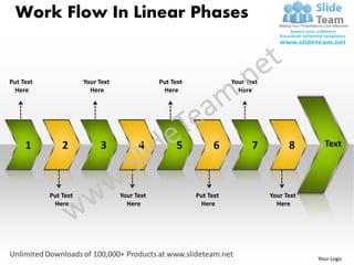 Work Flow In Linear Phases


Put Text              Your Text               Put Text              Your Text
 Here                   Here                   Here                   Here




     1         2           3            4           5          6           7          8       Text




           Put Text               Your Text              Put Text               Your Text
            Here                    Here                  Here                    Here




                                                                                            Your Logo
 