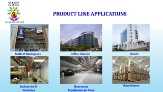 PRODUCT LINE APPLICATIONS
Malls & Multiplxes Office Towers Hotels
Industries &
Factories
Basement
Ventilation Jet Fans
Warehouses
 
