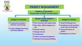 PROJECT MANAGEMENT
 Preparation of project
schedule and strategy
 Project Budget Tendering
and value addition
PROJECT ALLOCATION
Preparation of FDA & Activity Chart
PROJECT MONITORING &
CONTROL
PROJECT PLANNING PROJECT CLOSURE
 Site execution and engineering
 Site safety- HSE Compliance at
site
 Quality control
 Change Control
 Coordination
 Project meeting management
 Quantity Surveying and Billing
 Snag-list Management
 Completion of all activities
as per agreed standards.
 Financial closure of
project
 Handing over to client
 