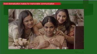 A large proportion of Indian consumers prefer dramatic characterization, colourful acting and emotion
as compared to nuanced and subtle messaging. When measuring whether the advertising is working, it
is best to measure the levels of enjoyment, relevance, differentiation and persuasion and compare this
with a normative database of past advertising test scores. Gratuity, a strong positive bias in responses,
tends to colour ratings of products and advertising obtained via survey research and therefore needs to
be interpreted with care.
Vivid dramatization makes for memorable communication
 