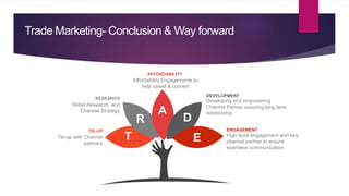 Trade Marketing- Conclusion & Way forward
DEVELOPMENT
Developing and empowering
Channel Partner assuring long term
relationship
RESEARCH
Retail Research and
Channel Strategy
ENGAGEMENT
High level engagement with key
channel partner to ensure
seamless communication
TIE-UP
Tie-up with Channel
partners
AFFORDABILITY
Affordability Engagements to
help upsell & convert
E
D
A
R
T
 