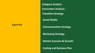 Category Analysis
Agenda
Consumers Analysis
Transition Strategy
Social Media
Communication Strategy
Marketing Strategy
Market Scenario & Growth
Costing and Business Plan
 