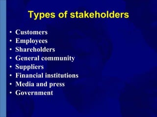 Types of stakeholders Customers Employees Shareholders General community Suppliers Financial institutions Media and press Government 