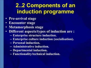 2..2 Components of an induction programme Pre-arrival stage Encounter stage Metamorphosis stage Different aspects/types of induction are : Enterprise structure induction. Enterprise culture induction (socialisation). Personal induction. Administrative induction. Departmental induction. Functionality/technical induction. 