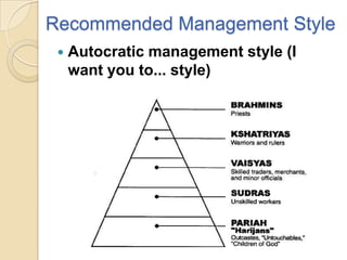 Recommended Management Style
    Autocratic management style (I
     want you to... style)
 