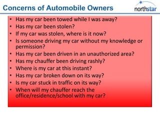 •   Has my car been towed while I was away?
•   Has my car been stolen?
•   If my car was stolen, where is it now?
•   Is someone driving my car without my knowledge or
    permission?
•   Has my car been driven in an unauthorized area?
•   Has my chauffer been driving rashly?
•   Where is my car at this instant?
•   Has my car broken down on its way?
•   Is my car stuck in traffic on its way?
•   When will my chauffer reach the
    office/residence/school with my car?
 