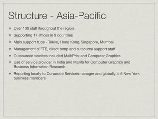 Structure - Asia-Paciﬁc
 Over 100 staff throughout the region
 Supporting 17 ofﬁces in 9 countries
 Main support hubs - Tokyo, Hong Kong, Singapore, Mumbai
 Management of FTE, direct temp and outsource support staff
 Outsourced services included Mail/Print and Computer Graphics
 Use of service provider in India and Manila for Computer Graphics and
 Business Information Research
 Reporting locally to Corporate Services manager and globally to 6 New York
 business managers
 