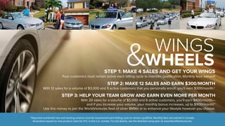 WHEELS 
& WINGS STEP 1: MAKE 4 SALES AND GET YOUR WINGS 
Four customers must remain active each billing cycle to maintain qualification. Monthly fees waived! 
STEP 2: MAKE 12 SALES AND EARN $300/MONTH 
With 12 sales for a volume of $3,000 and 5 active customers that you personally enroll, you'll earn $300/month.* 
STEP 3: HELP YOUR TEAM GROW AND EARN EVEN MORE PER MONTH 
With 20 sales for a volume of $5,000 and 6 active customers, you’ll earn $400/month— 
and if you increase your volume, your monthly bonus increases, up to $900/month!* 
Use this money to join the WorldVentures fleet of silver BMWs or to enhance your lifestyle however you choose. 
*Required combined new and existing volume must be maintained each billing cycle to remain qualified. Monthly fees not waived in Canada. 
Illustration based on new product sales for DTL in the U.S. market. For full details, see the detailed comp plan at www.WorldVentures.biz. 
 