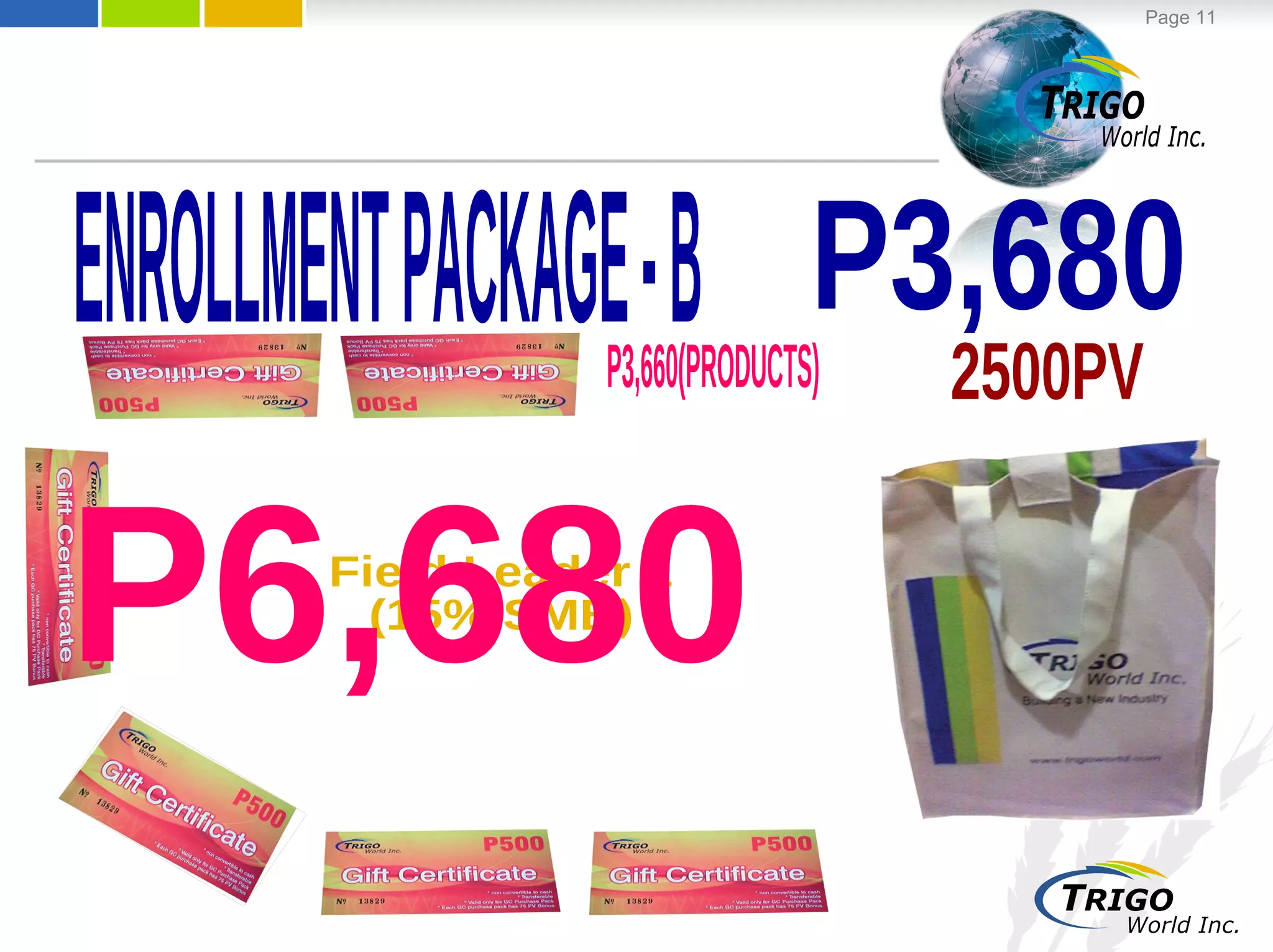 P3,660(PRODUCTS) ENROLLMENT PACKAGE - B P3,680 2500PV Field Leader 1 (15% SMB) P6,680 