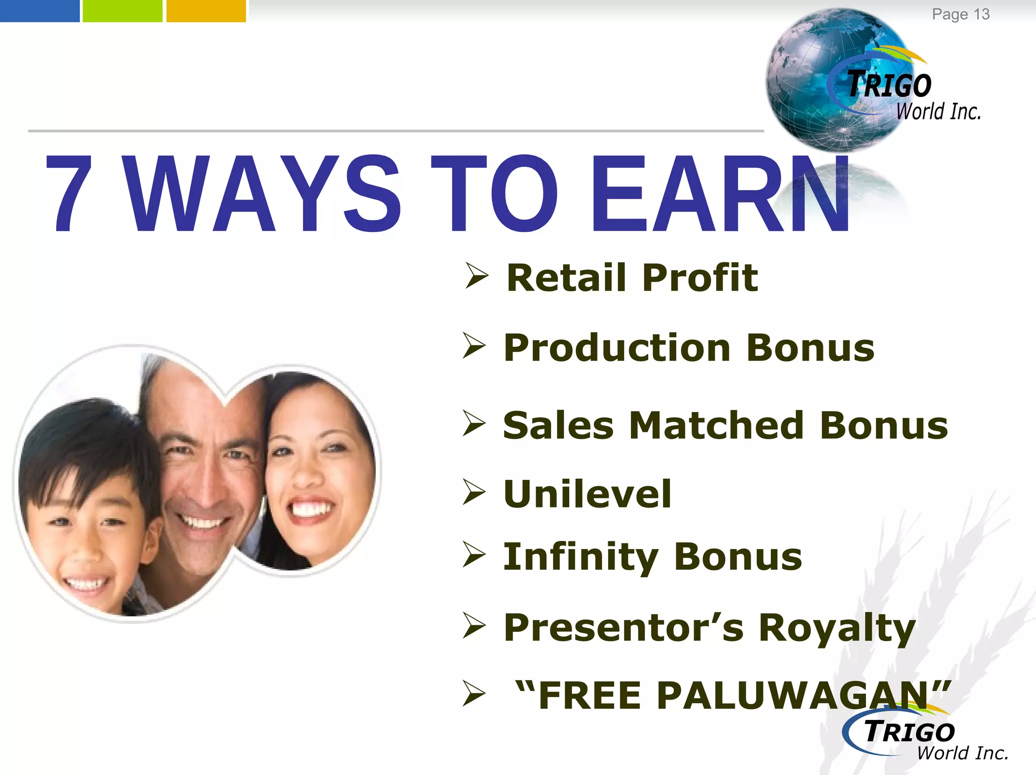 Retail Profit  Production Bonus Sales Matched Bonus Unilevel  Infinity Bonus 7 WAYS TO EARN Presentor’s Royalty “ FREE PALUWAGAN” 