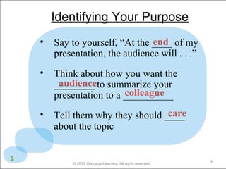 Identifying Your Purpose 
• Say to yourself, “At the ____ end 
of my 
presentation, the audience will . . .” 
• Think about how you want the 
audience 
________ to summarize your 
presentation to a __________ 
colleague 
care 
• Tell them why they should ____ 
about the topic 
© 2009 Cengage Learning. All rights reserved. 4 
1 
 