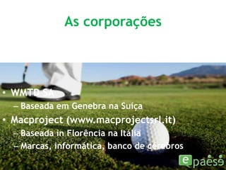As corporaçõesWMTD SABaseada em Genebra na SuíçaMacproject (www.macprojectsrl.it)Baseada in Florência na ItáliaMarcas, informática, banco de cérebros