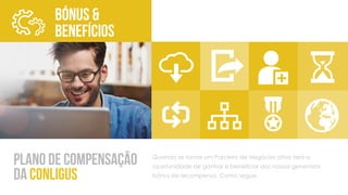 BÓNUS &
benefícios
Plano de Compensação
da Conligus
Quando se tornar um Parceiro de Negócios ativo terá a
oportunidade de ganhar e beneficiar dos nossos generosos
bónus de recompensa. Como segue:
 